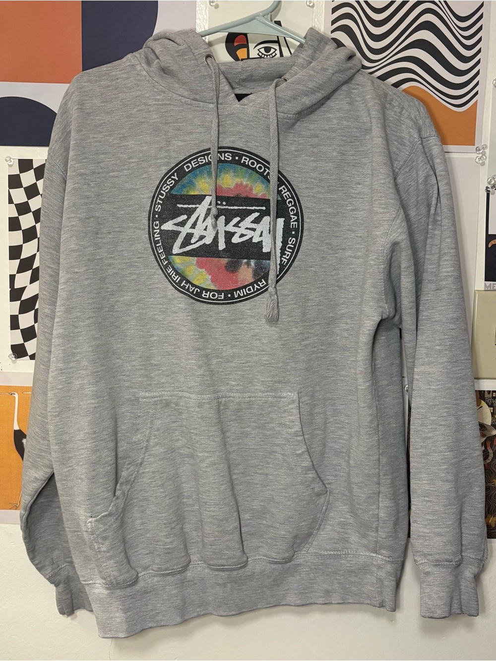 Stüssy Tie-Dye Logo Gray Pullover Hoodie Medium